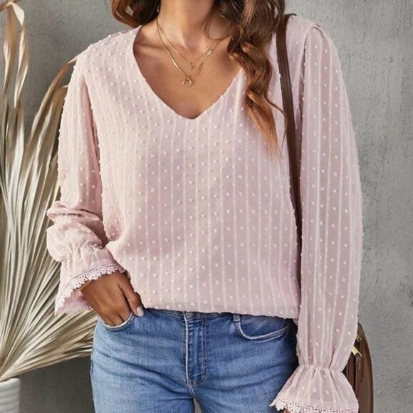 V Neck Puff Sleeve Swiss Dot Blouse Long Sleeve Pink - Picture 1 of 7